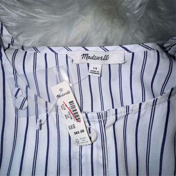 Madewell Women's 3/4 Puff Sleeve Button Up Striped Top Blue Size 14 Large Casual - Picture 6 of 11
